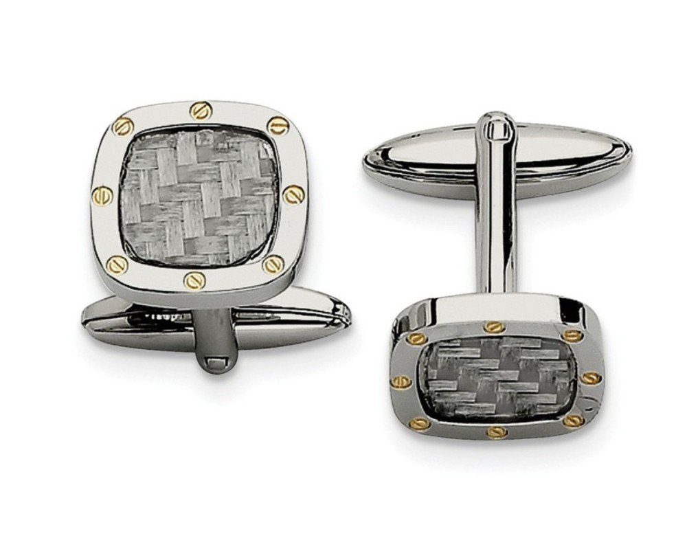 Stainless Steel Polished Yellow IP With Grey Carbon Fiber Inlay Cuff Links