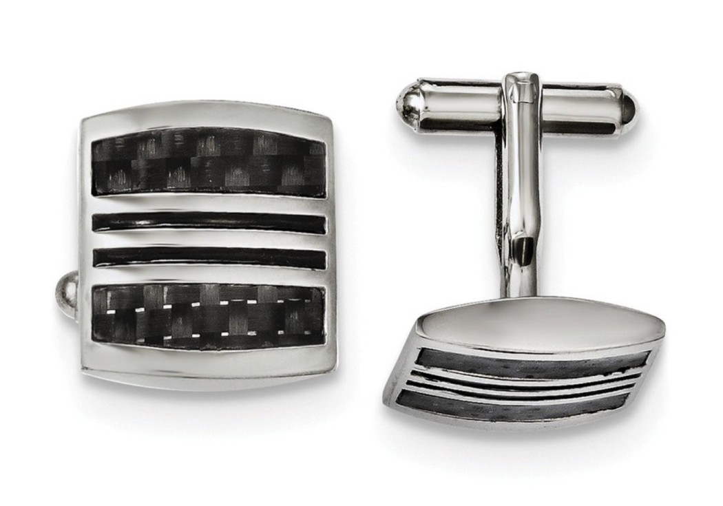 Stainless Steel Polished With Black Carbon Fiber Inlay And Enamel Cuff Links