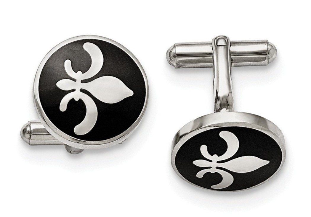 Stainless Steel Black Enamel With Fleur De Lis Cuff Links