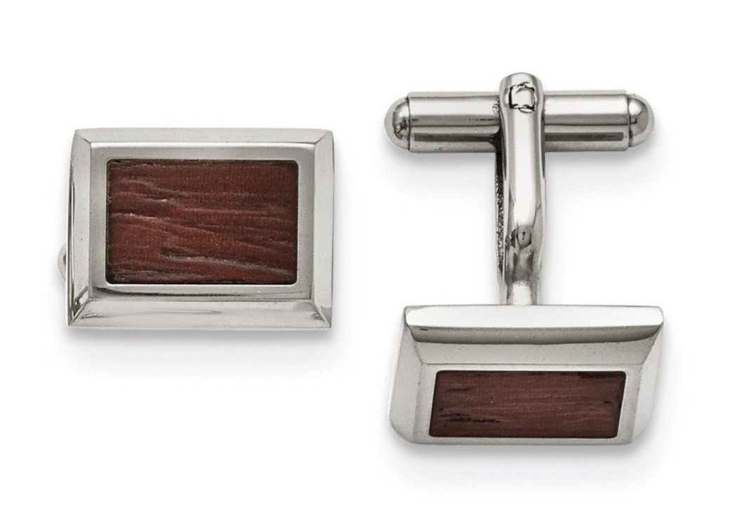 Stainless Steel Polished With Wood Inlay Cuff Links