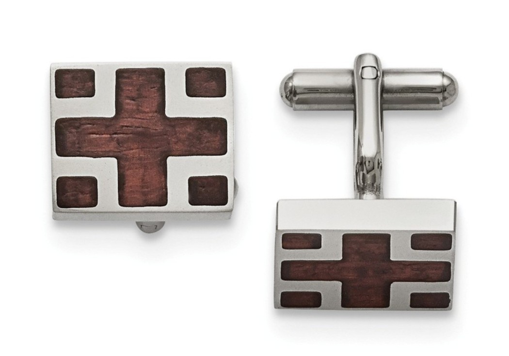 Stainless Steel Polished Wood Inlay Cuff Links