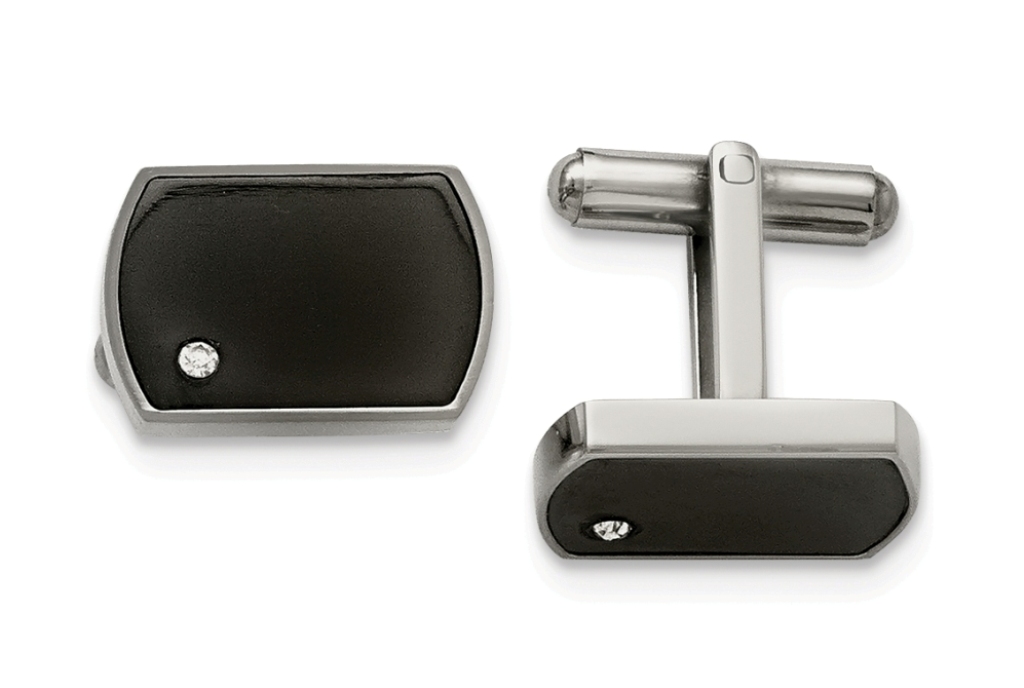 Stainless Steel Polished Black Enamel And CZ Cuff Links