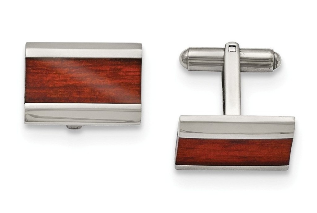 Stainless Steel Polished Red Wood Inlay Cuff Links