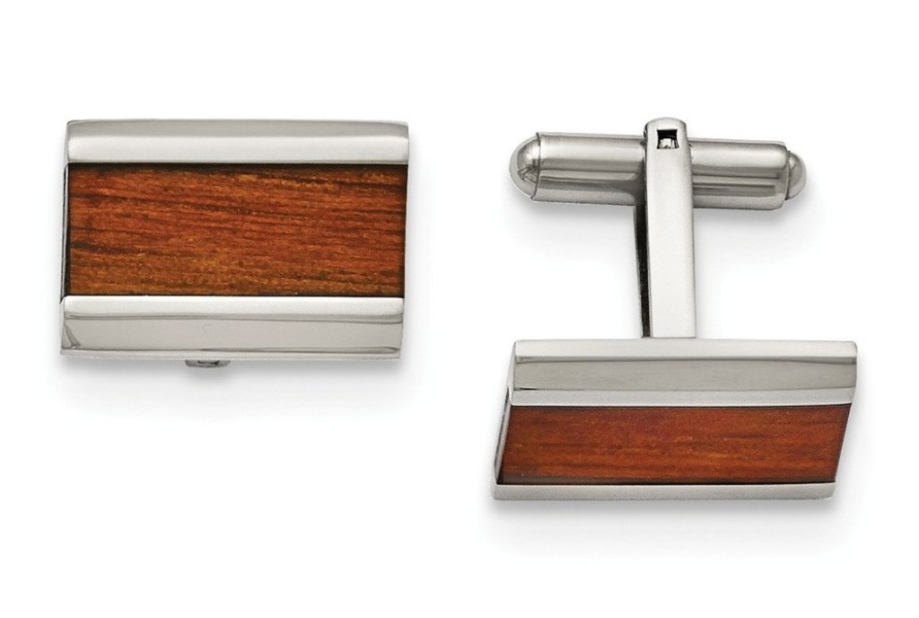 Stainless Steel Polished Red/Orange Wood Inlay Cuff Links