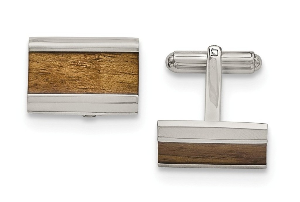 Stainless Steel Polished Brown Wood Inlay Enameled Cuff Links