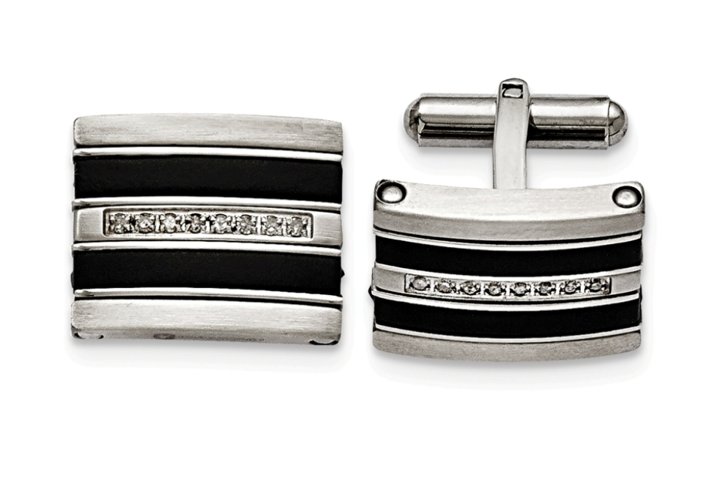 Stainless Steel Polished/Brushed Black Rubber 0.15ct.Tw. Diamond Cuff Link