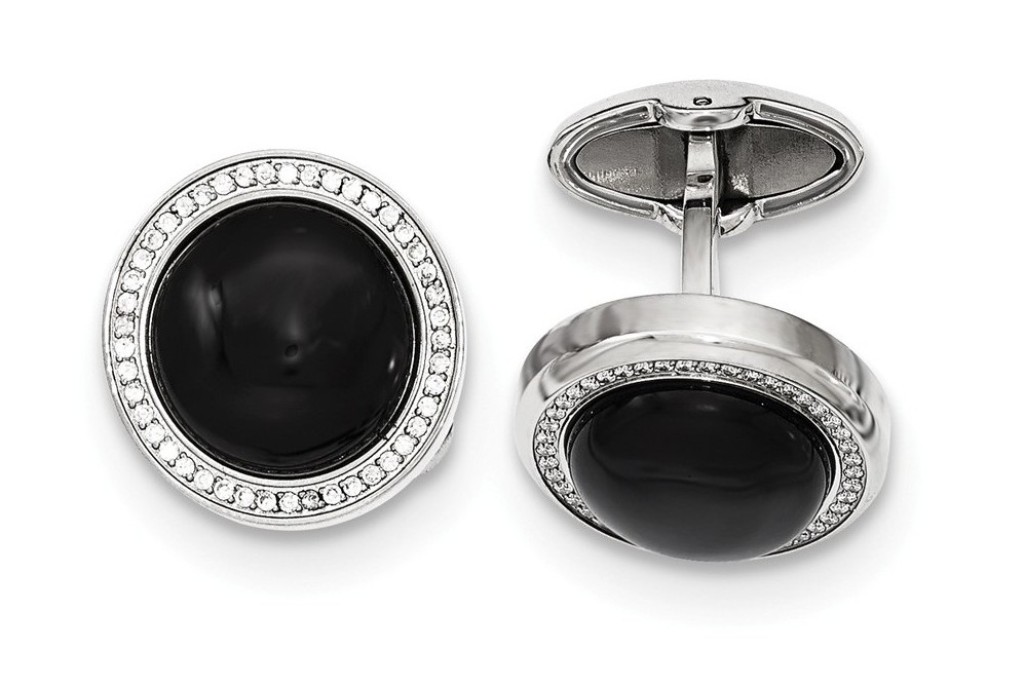 Stainless Steel Polished With CZ And Onyx Circle Cuff Links