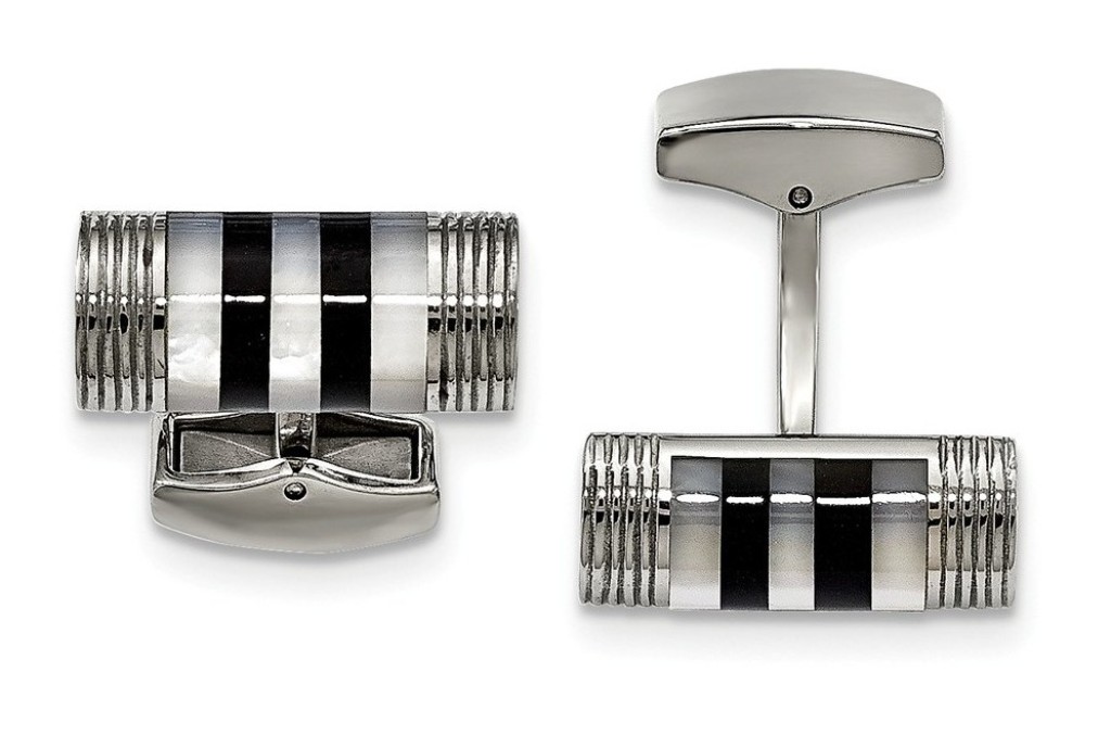 Stainless Steel Polished Mother Of Pearl And Onyx Cuff Links
