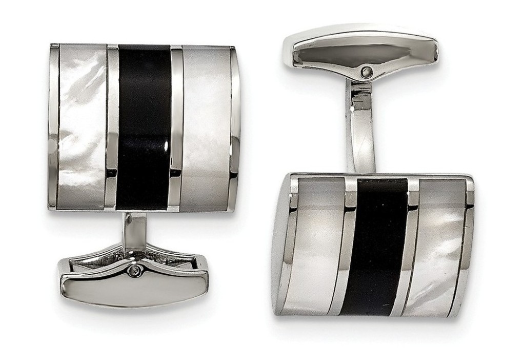 Stainless Steel Polished Black Semi-Precious Stone And MOP Cuff Links