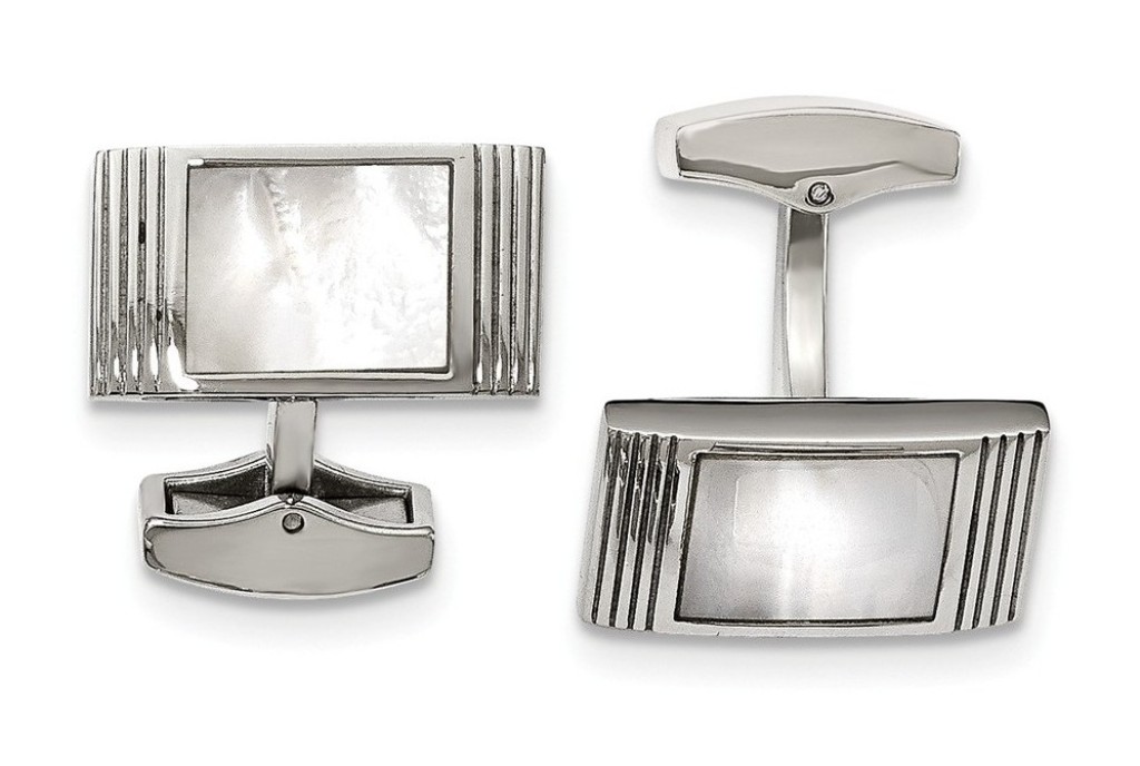 Stainless Steel Polished Mother Of Pearl Grooved Rectangle Cuff Links