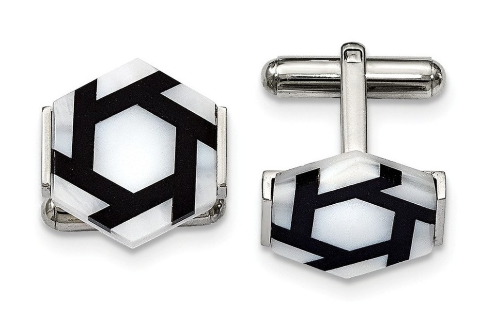 Stainless Steel Polished Hexagon Mother Of Pearl/Blk Agate Cuff Links
