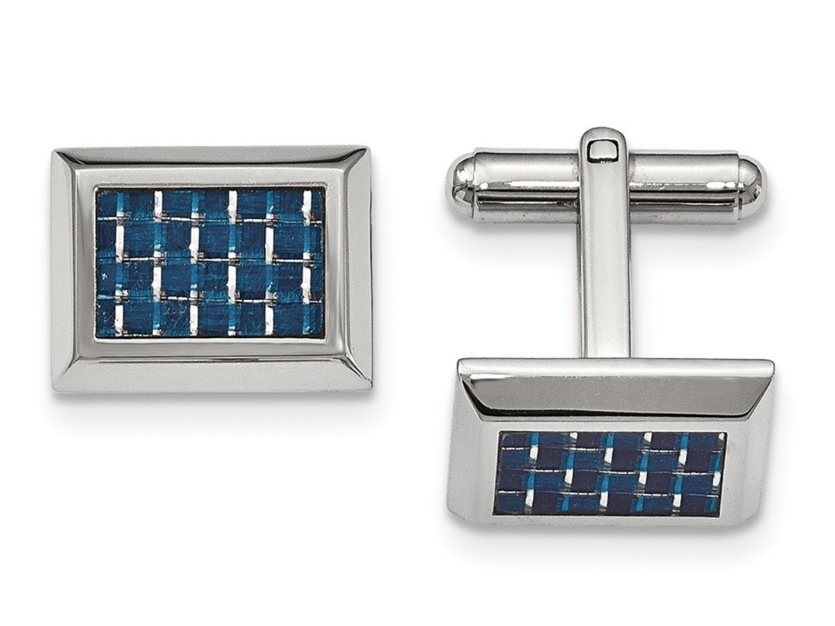 Stainless Steel Polished With Blue Carbon Fiber Inlay Cuff Links