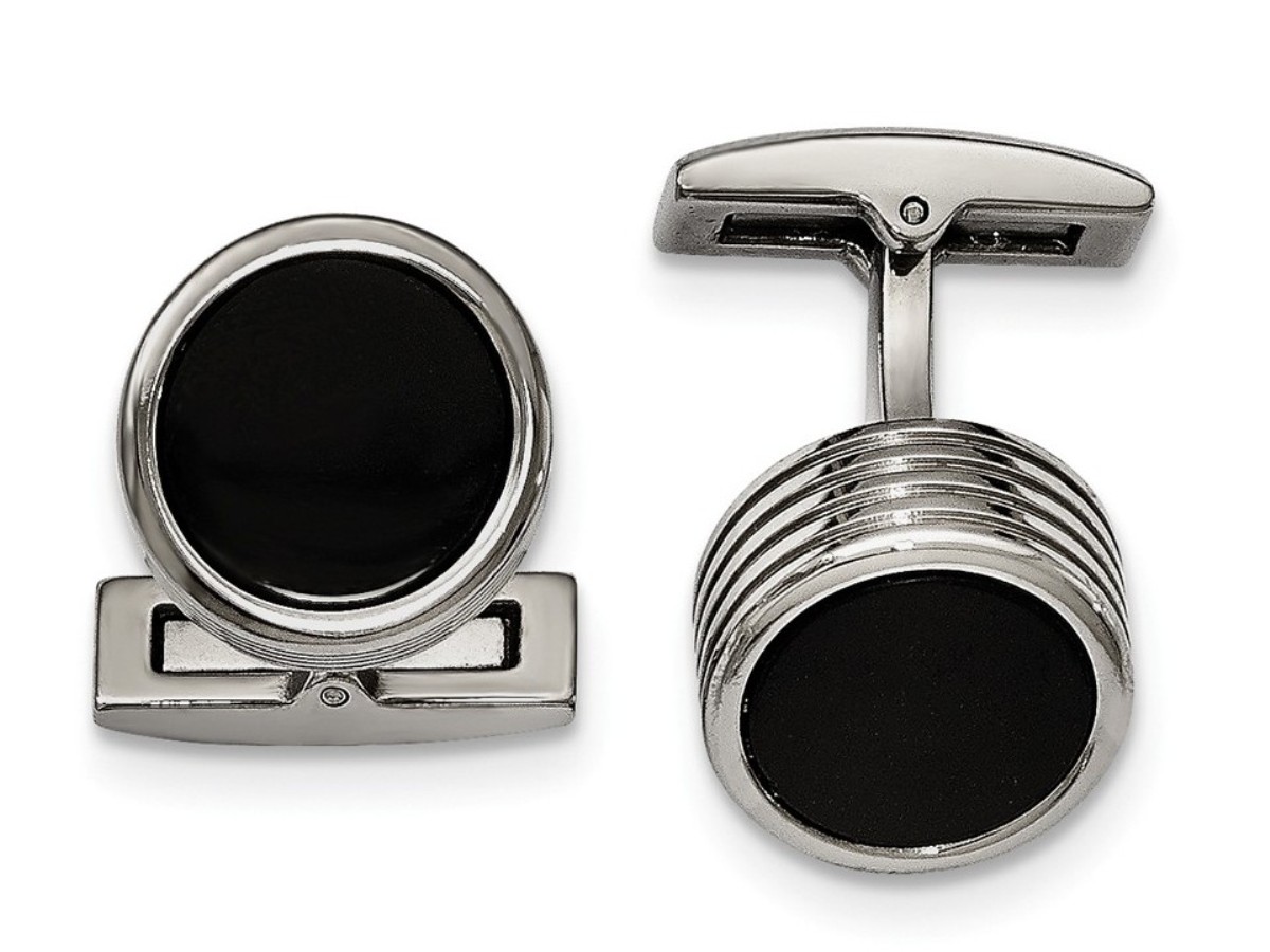 Stainless Steel Polished Grooved Round Black IP Cuff Links