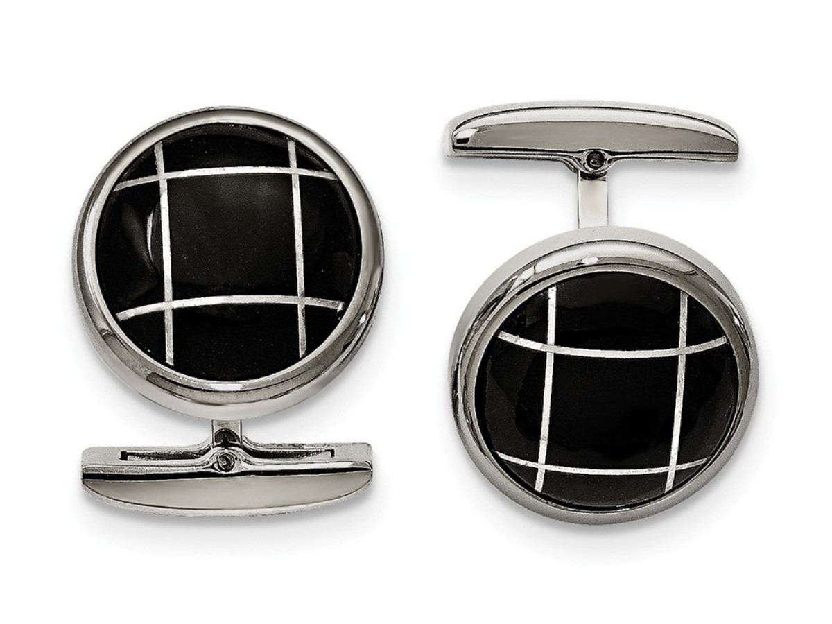 Stainless Steel Polished Black Semi-Precious Stone Round Cuff Links