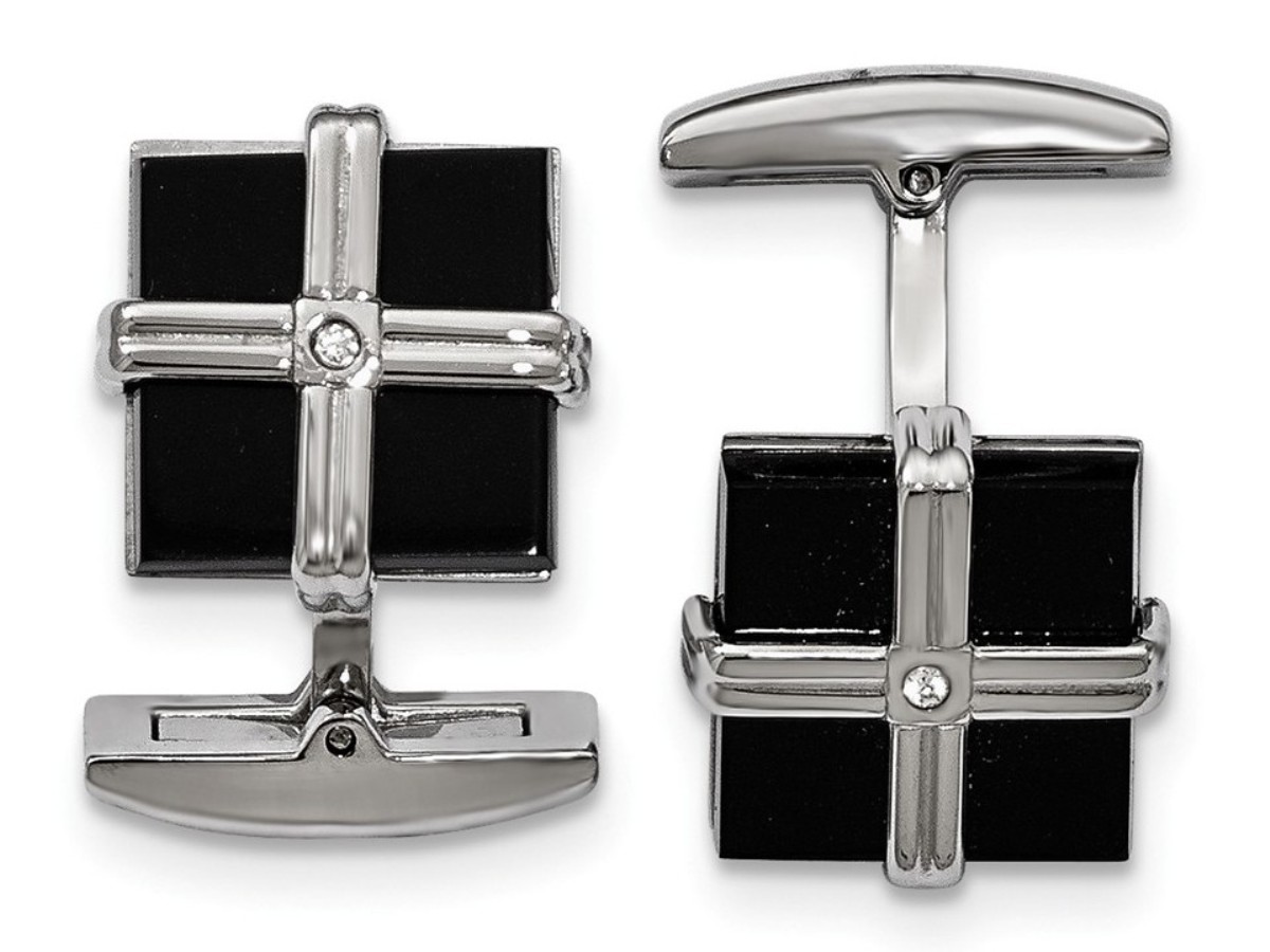 Stainless Steel Polished Black IP CZ Square Cuff Links