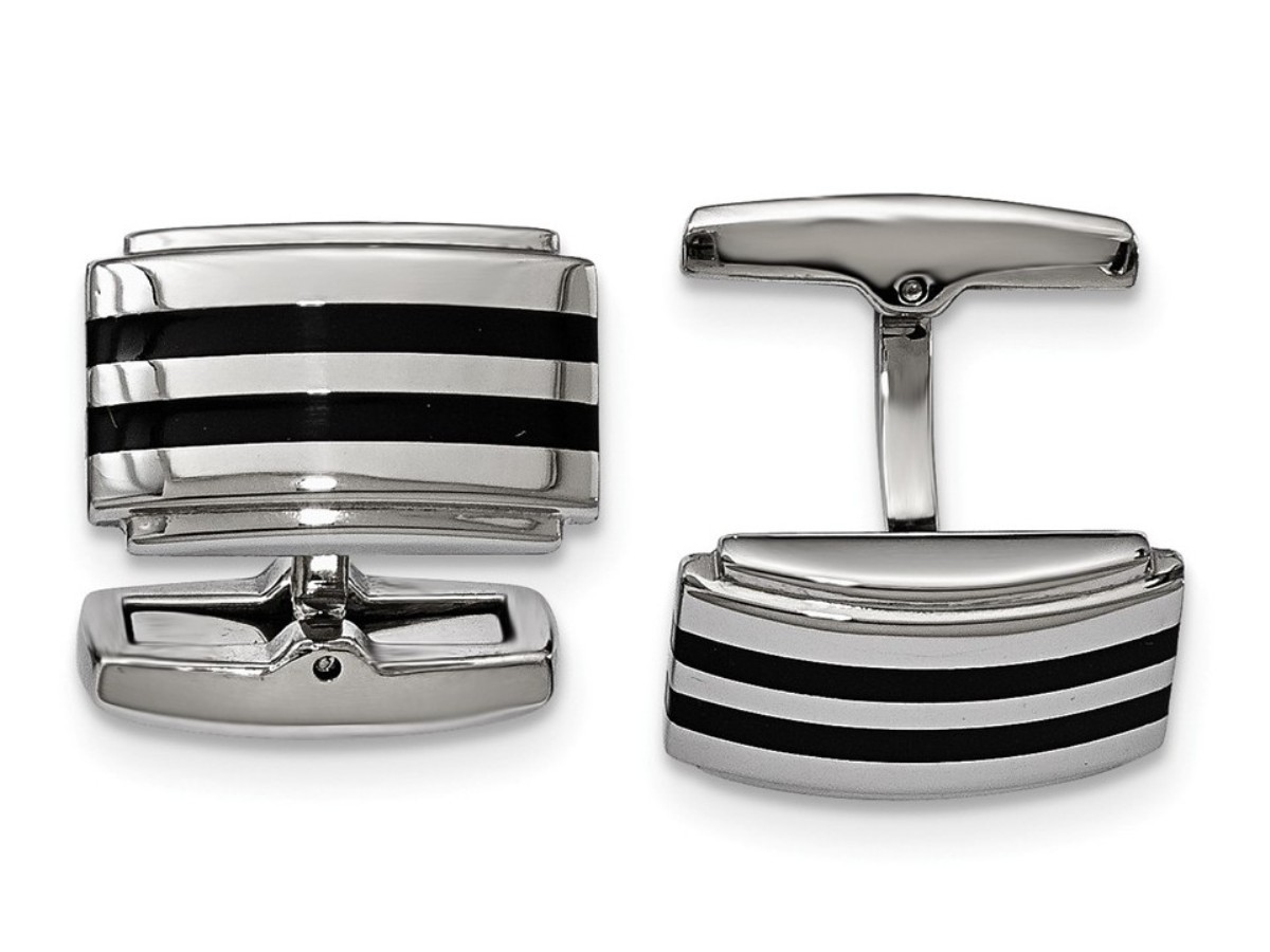 Stainless Steel Polished Black Rubber Rectangle Cuff Links
