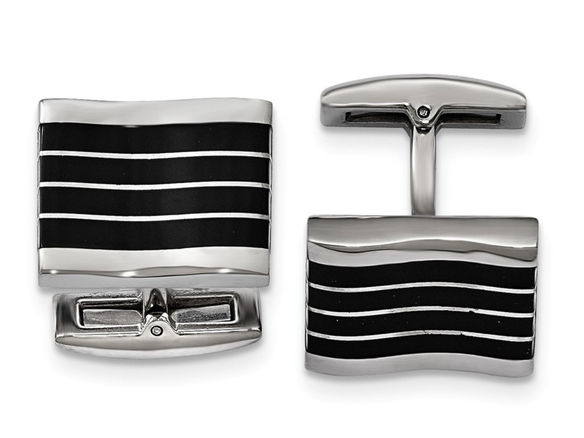 Stainless Steel Polished Black Cat's Eye Rectangle Cuff Links
