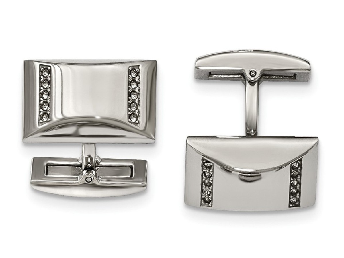 Stainless Steel Polished CZ Rectangle Cuff Links