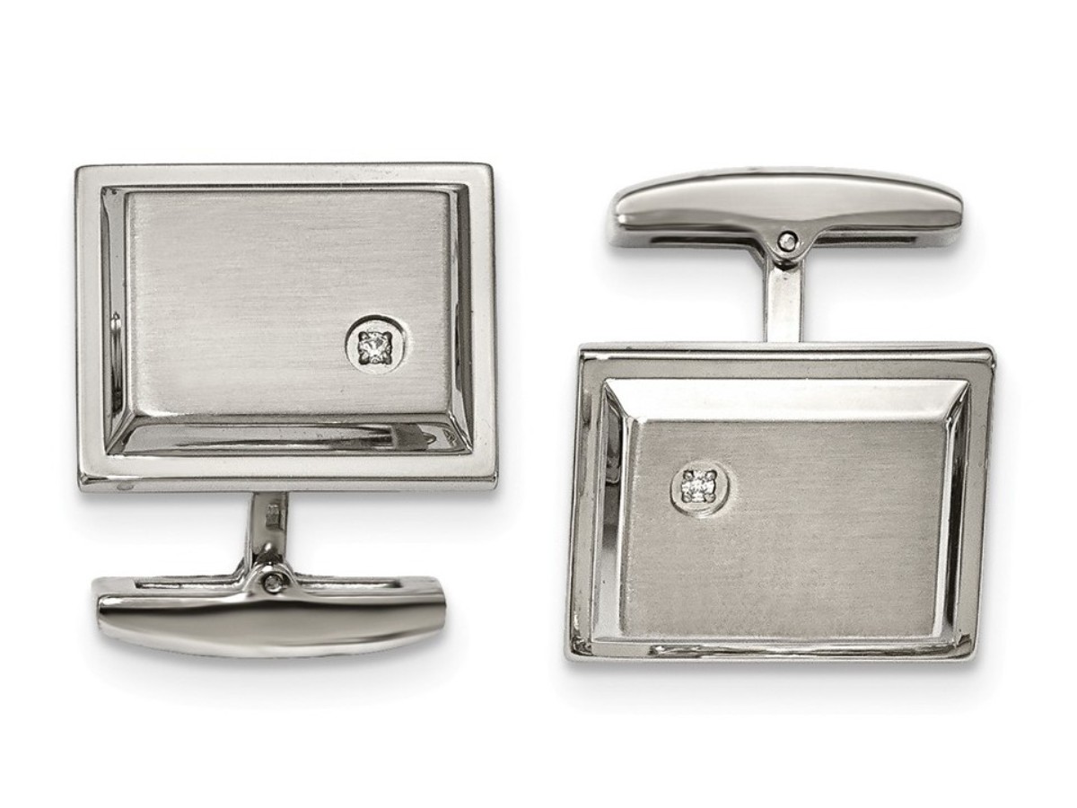 Stainless Steel Brushed And Polished CZ Rectangle Cuff Links