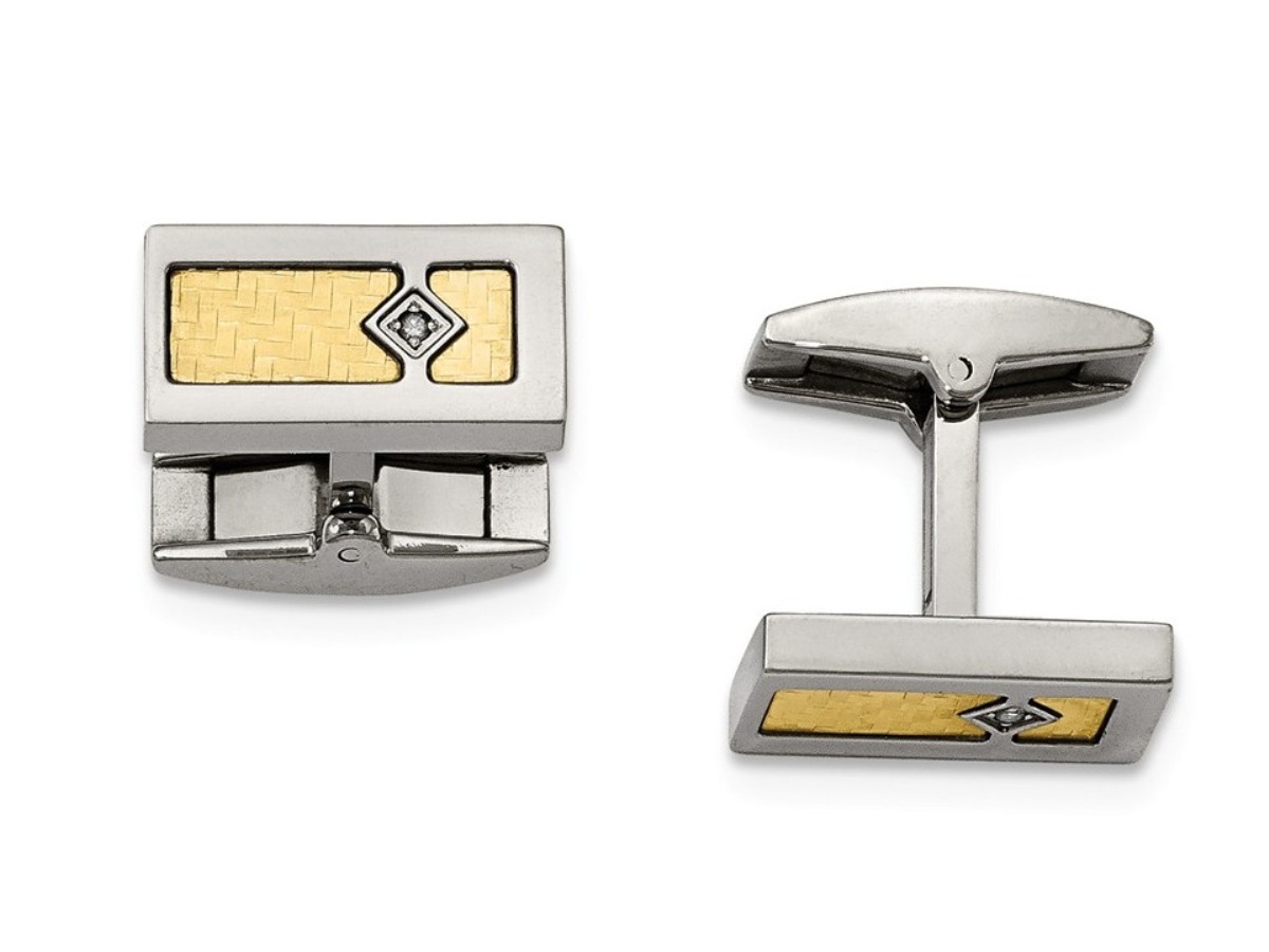 Stainless Steel With 18k Polished Textured Diamond Cuff Links