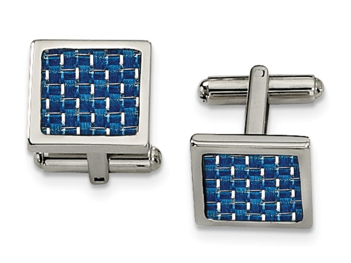 Stainless Steel Polished With Blue Carbon Fiber Inlay Cuff Links