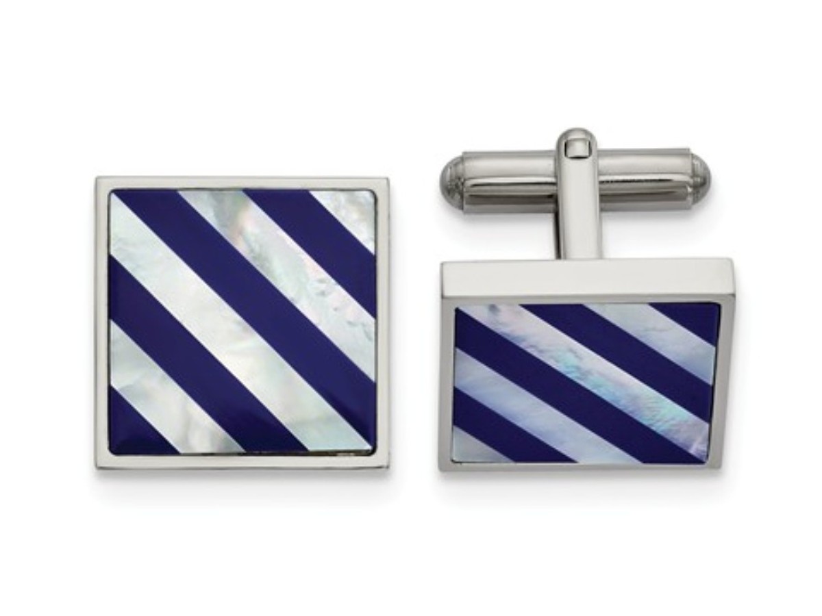 Stainless Steel Polished With Mother Of Pearl And Blue Shell Inlay Cuff Links