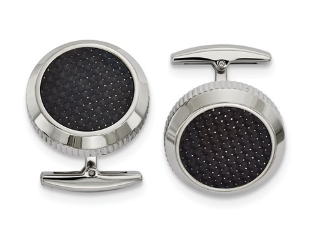 Stainless Steel Polished With Black Carbon Fiber Inlay Cuff Links