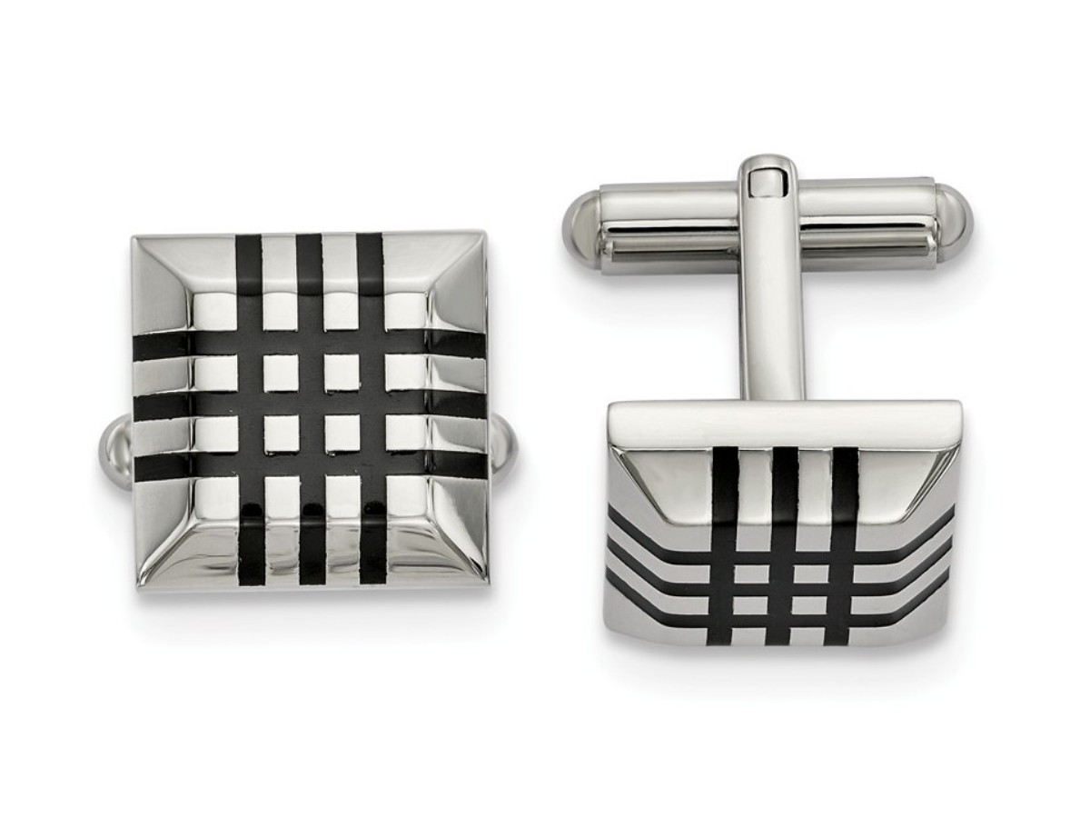 Stainless Steel Polished With Black Rubber Cuff Links