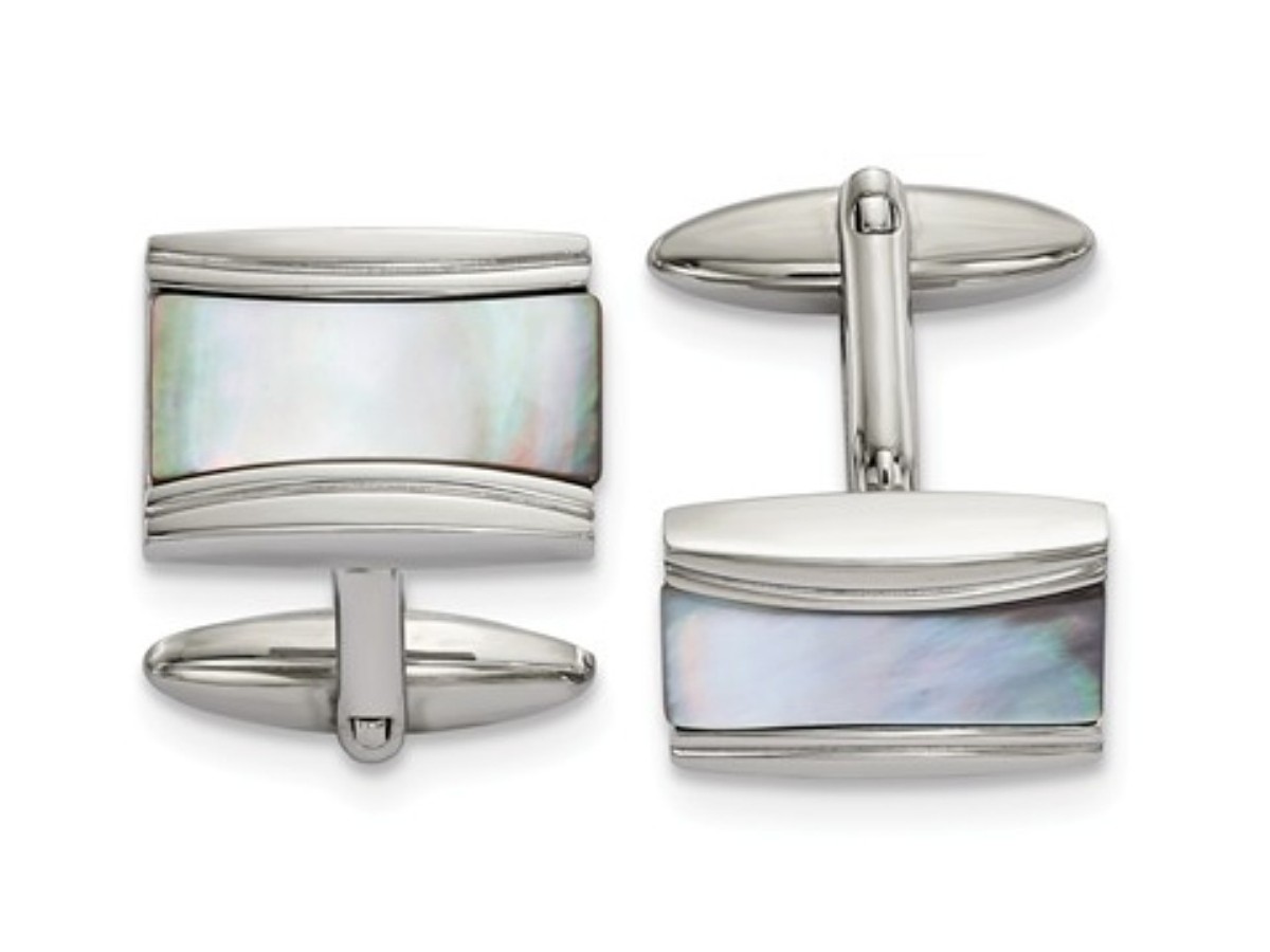 Stainless Steel Polished Rectangle Mother Of Pearl Cuff Links