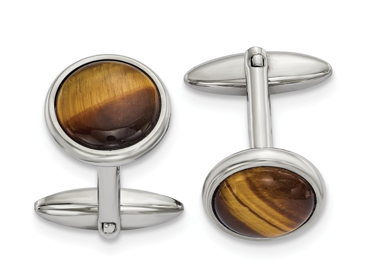 Stainless Steel Polished Tigers Eye Cuff Links