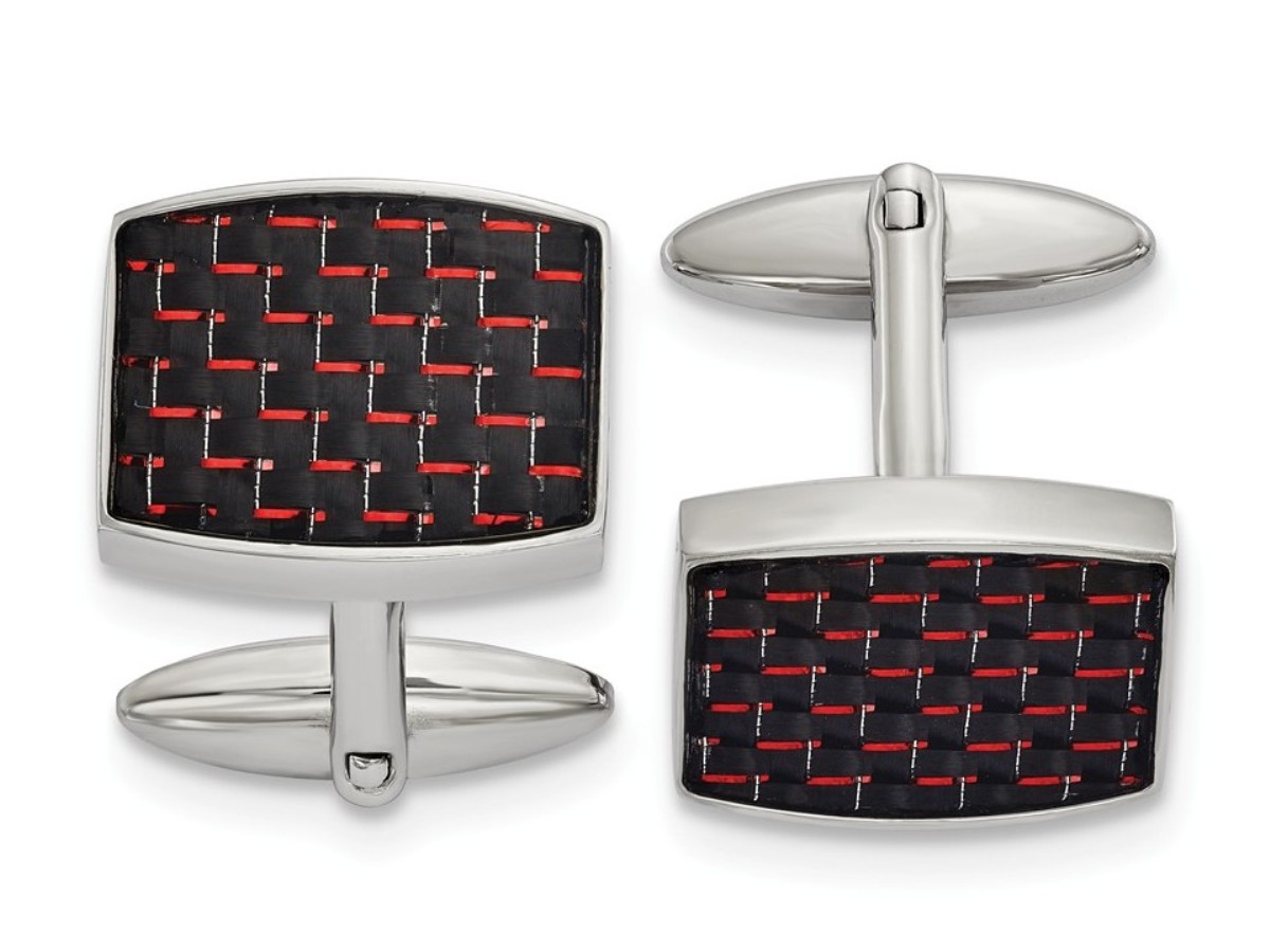 Stainless Steel Polished Black And Red Carbon Fiber Inlay Cuff Links