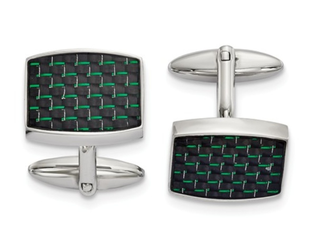 Stainless Steel Polished Black And Green Carbon Fiber Inlay Cuff Links