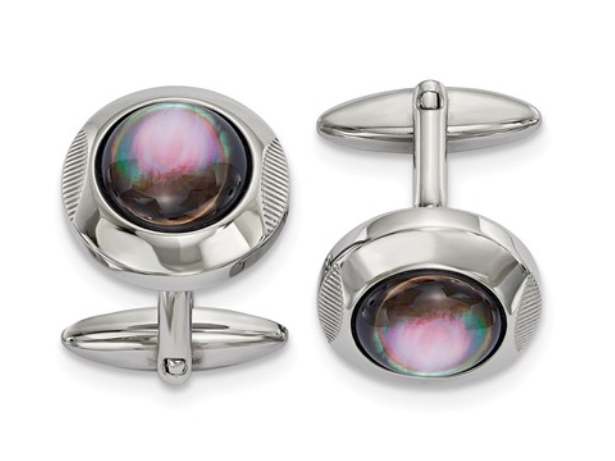 Stainless Steel Polished Round Mother Of Pearl Cuff Links