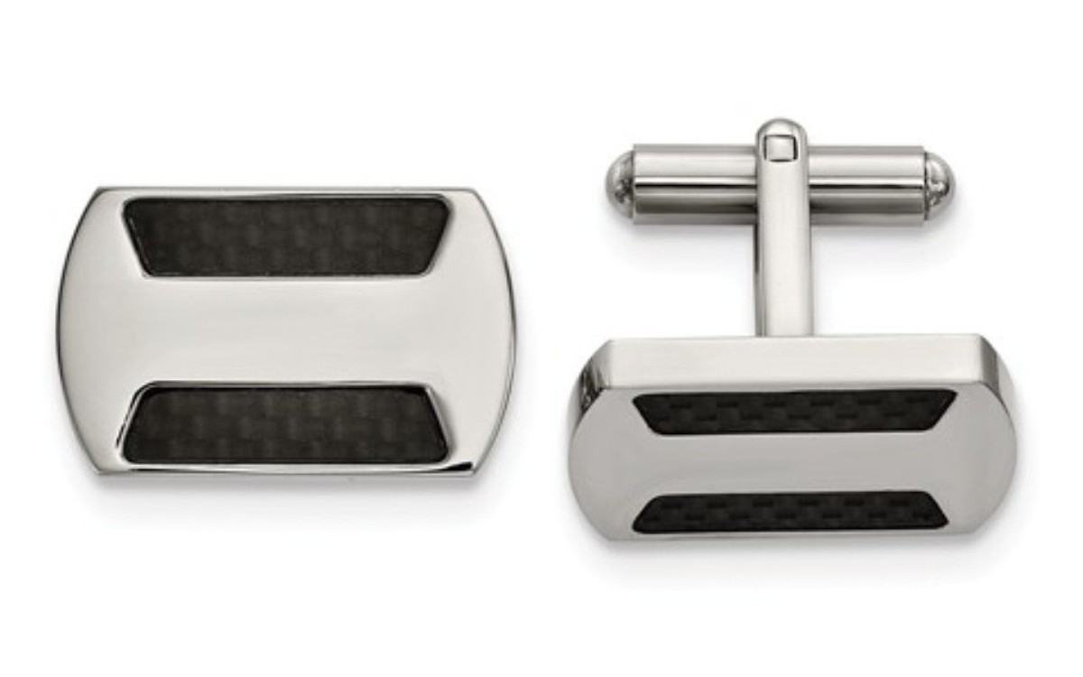 Stainless Steel Polished With Black Carbon Fiber Inlay Cuff Links