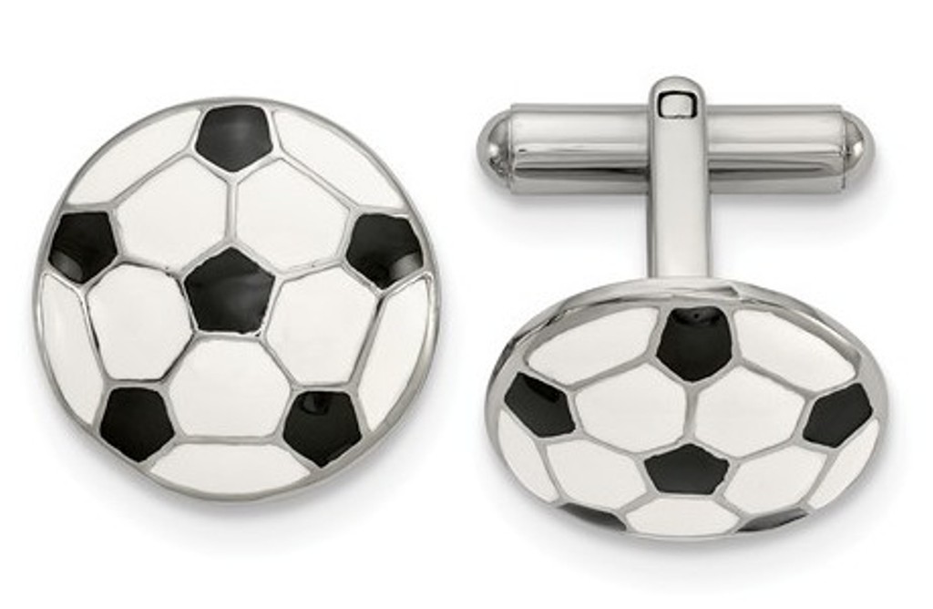 Stainless Steel Polished And Enameled Soccer Ball Cuff Links