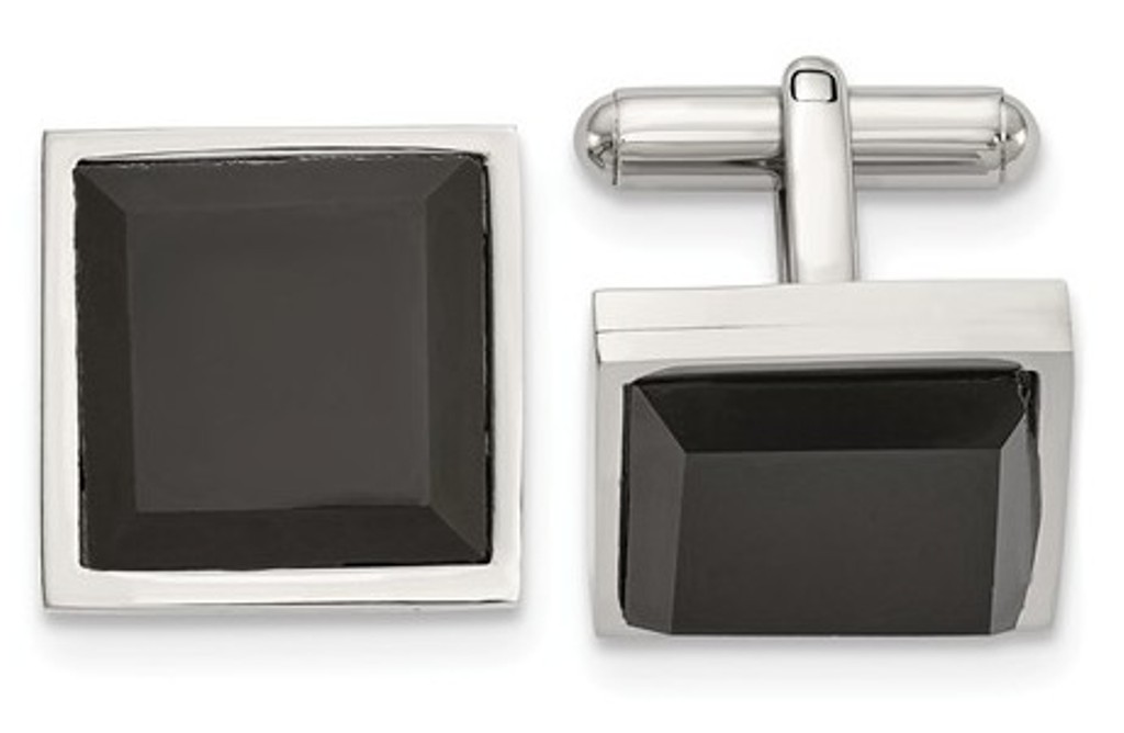 Stainless Steel Polished With Black Onyx Square Cuff Links