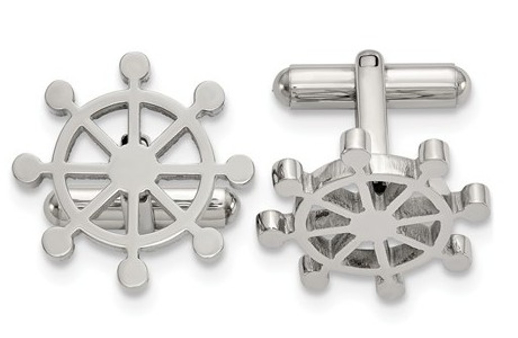 Stainless Steel Polished Ship's Wheel Cuff Links