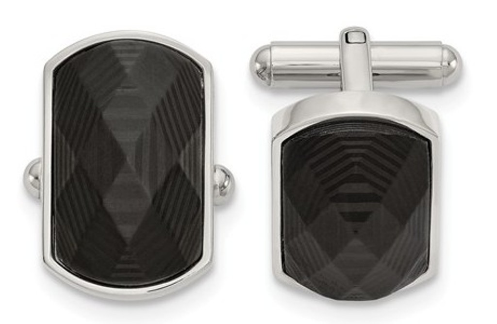 Stainless Steel Polished Solid Black Carbon Fiber Inlay Cuff Links