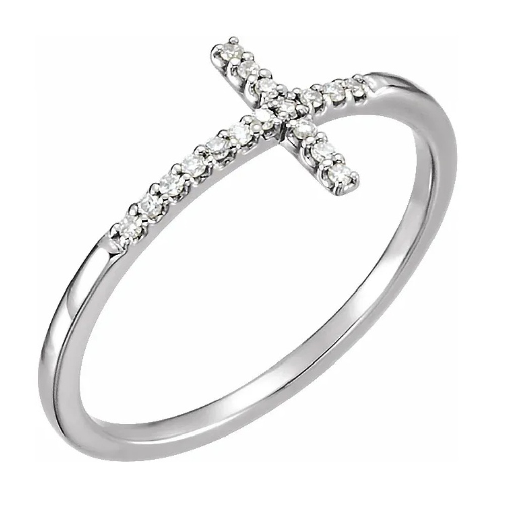 Diamond Sideways Cross Rhodium Plated 14k White Gold Ring