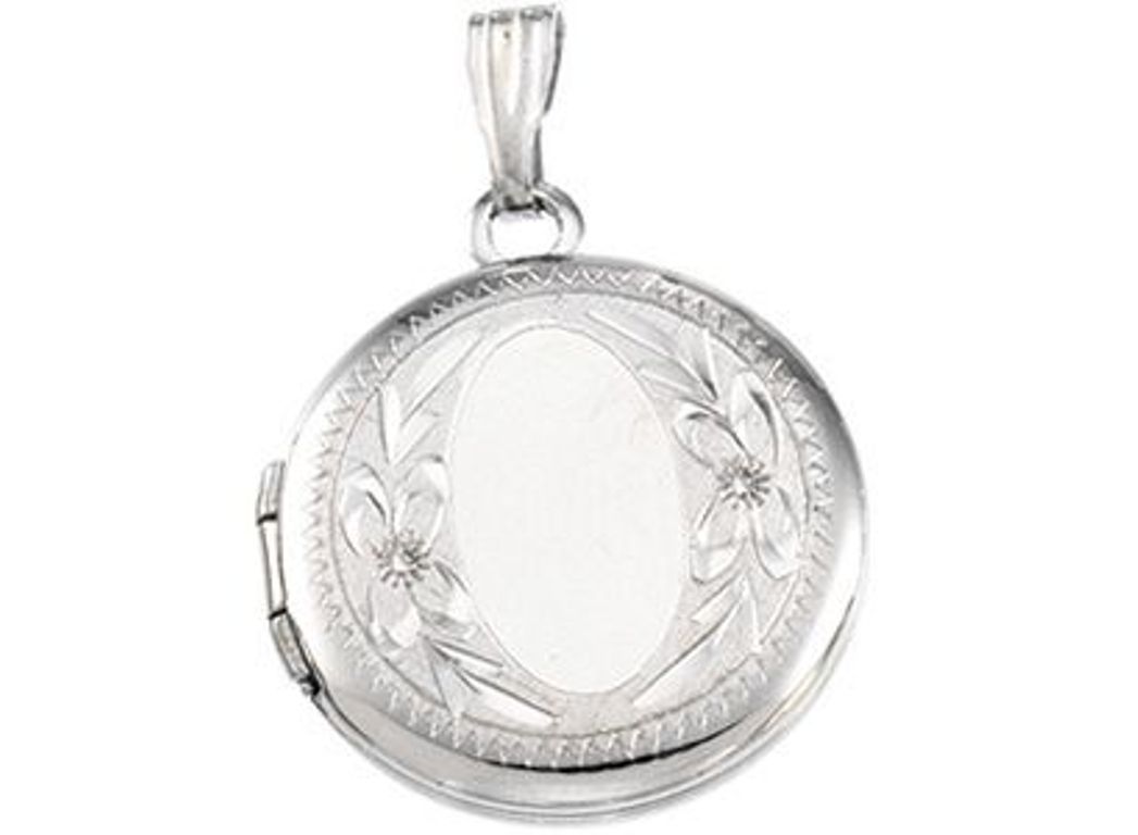 Rhodium-Plated Sterling Silver Round Locket with Embossed Flowers