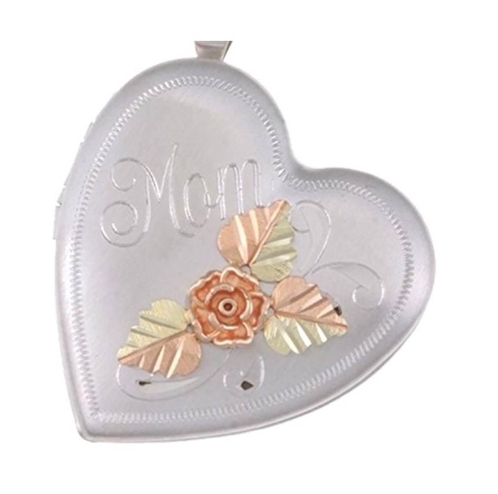 Four Picture 'Mom' Heart Locket, Sterling Silver, 12k Rose Gold, 12k Green Gold, 20