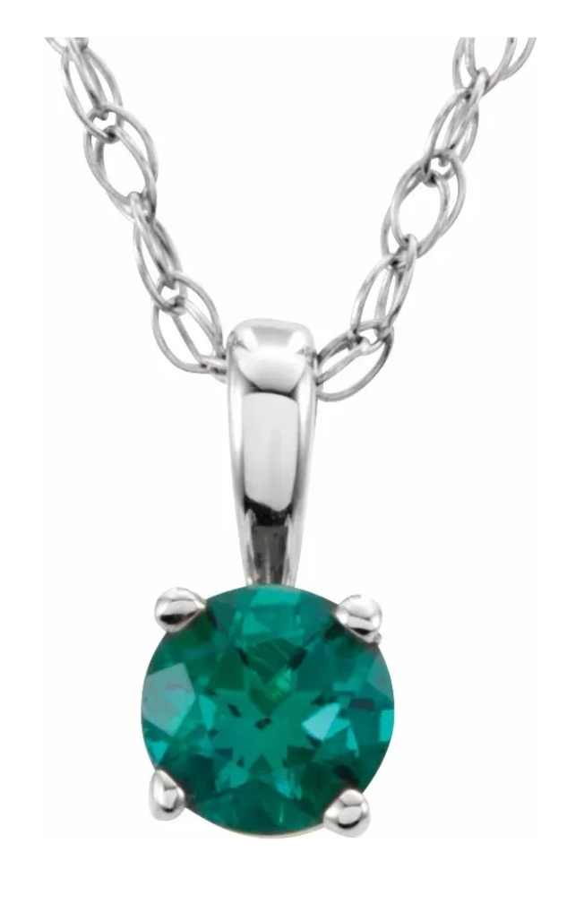 Girl's Chatham Created Emerald May Birthstone Rhodium-Plated 14k White Gold Pendant Necklace, 14