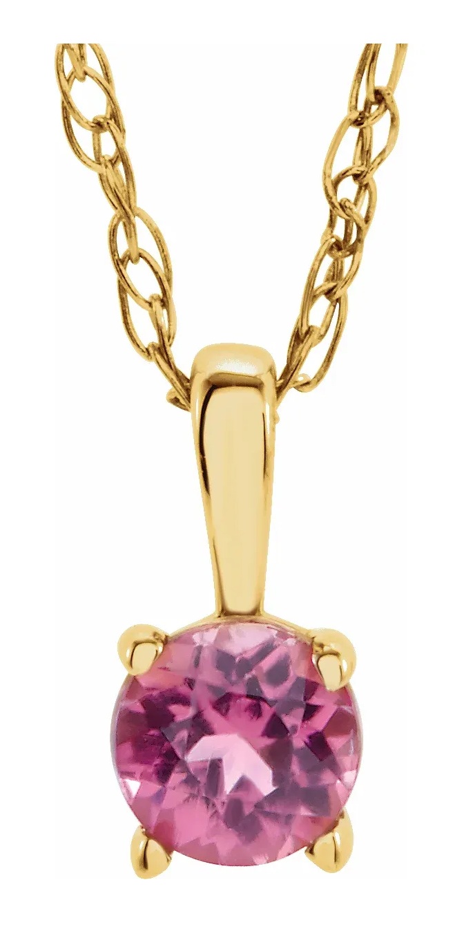 Girl's 14k Yellow Gold Pink Tourmaline Birthstone Pendant Necklace, 14