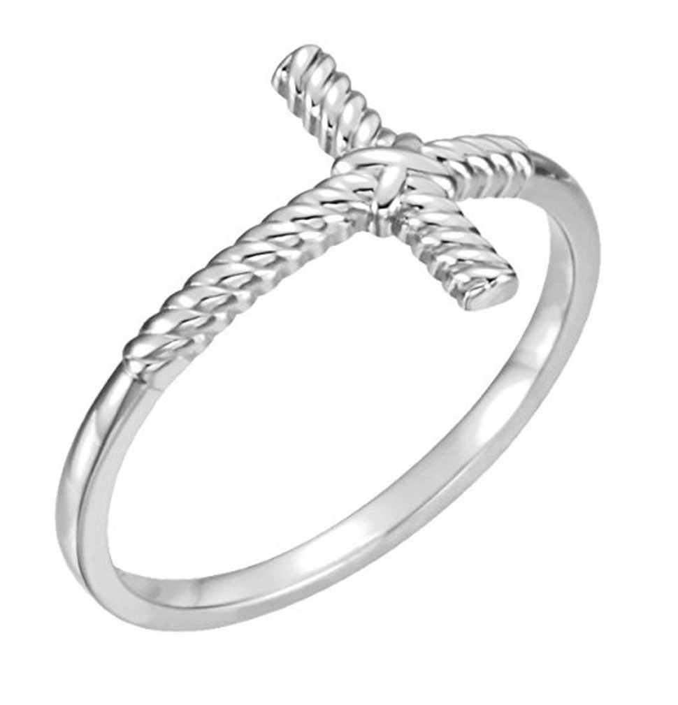 Sideways Rope Cross Rhodium Plated 14k White Gold Ring