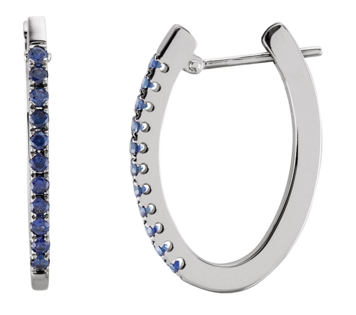 Blue Sapphire Hoop Earrings, 14k White Gold