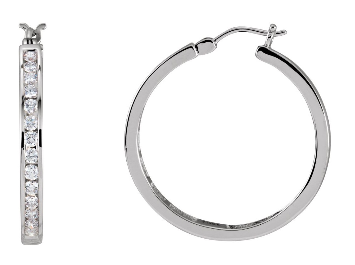 Channel Set Diamond Hoop Earrings, 14k White Gold (Color G-H, Clarity I1)