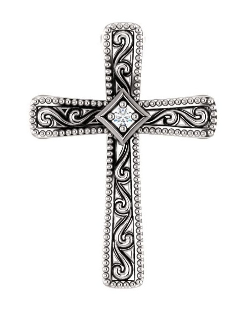 Diamond Accented Milgrain Cross Pendant, Rhodium-Plated 14k White Gold Pendant