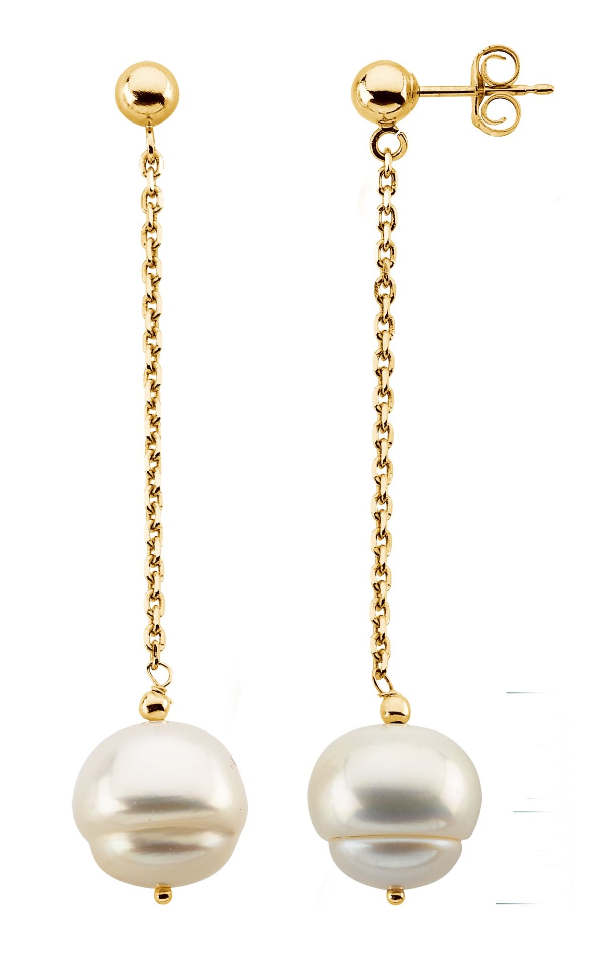 White Cultured Freshwater Circle Pearl Chain Earrings, 14k Yellow Gold (9-11 MM)
