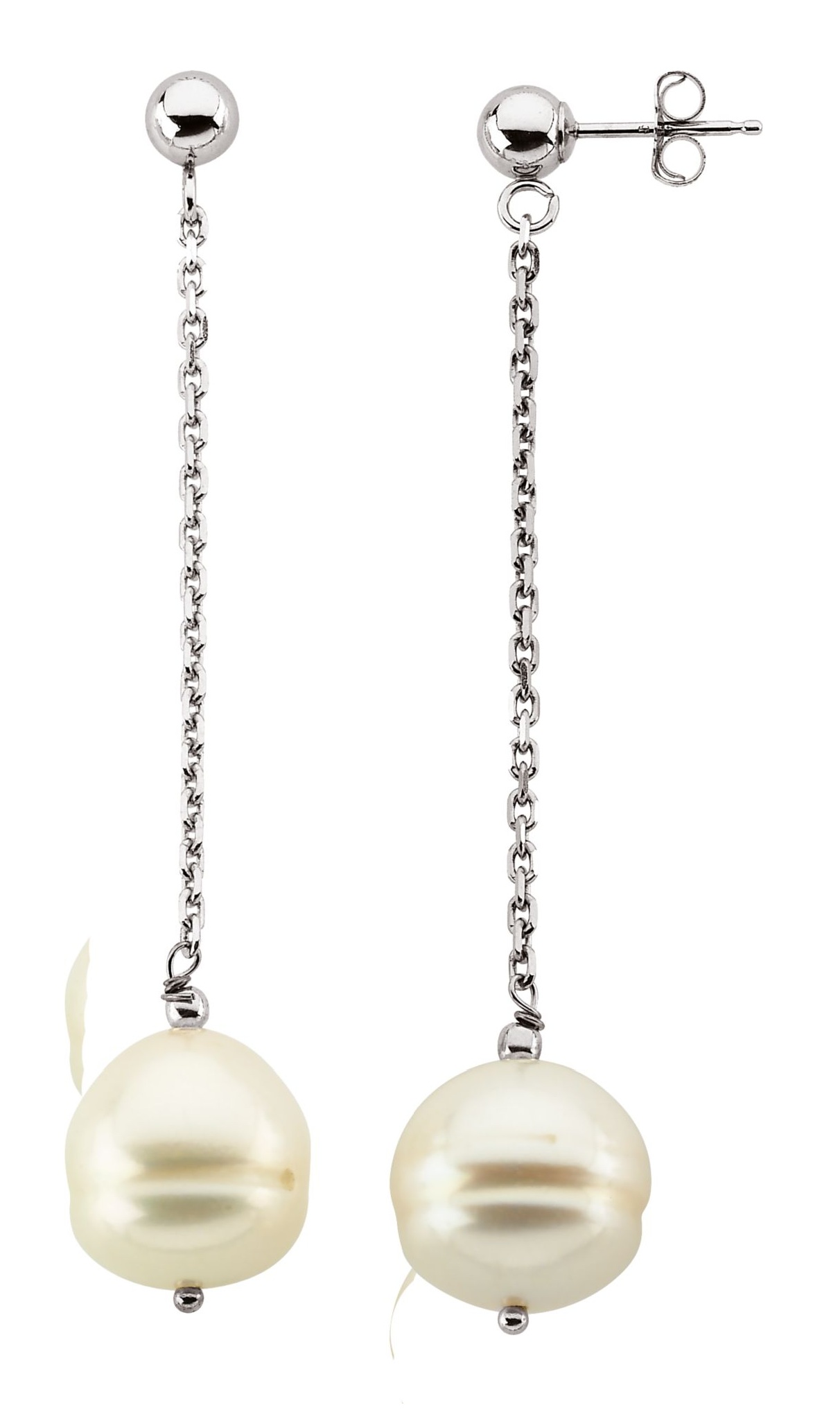 White Cultured Freshwater Circle Pearl Chain Earrings, 14k White Gold (9-11 MM)
