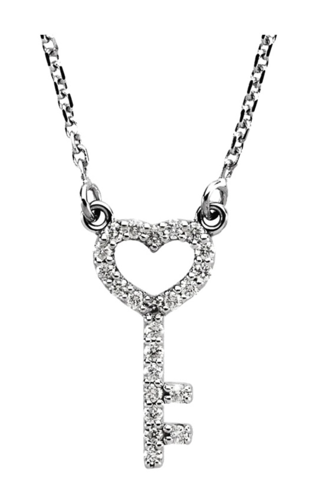 Rhodium-Plated 14k White Gold Petite Diamond Heart Key Necklace, 16.25 + Extender 2 Inches (1/8 Cttw)